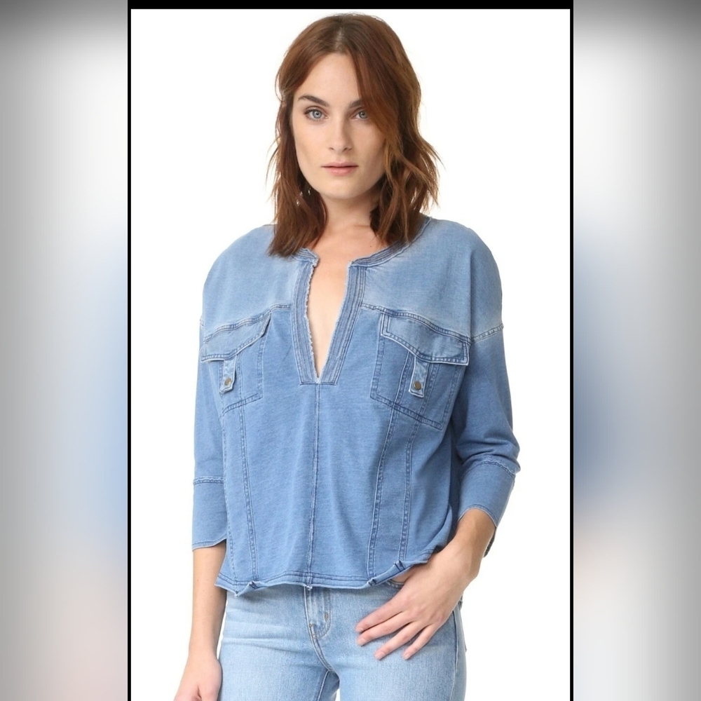 Free People  Women's 'Ratio' Split Neck Cotton Top, Size XSmall - Blue